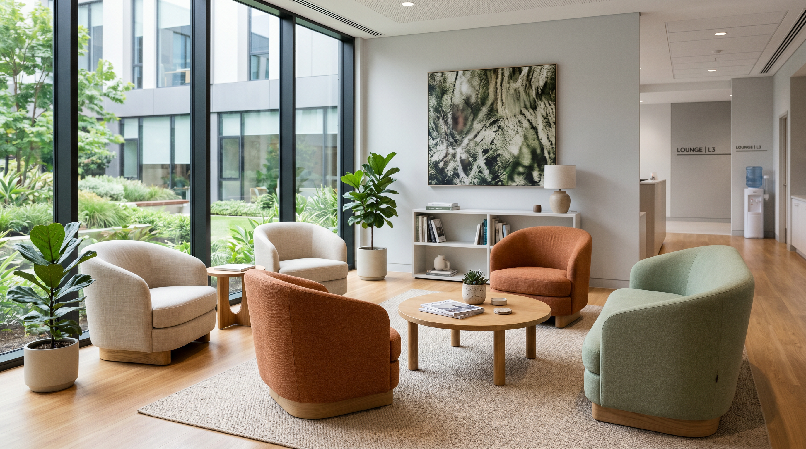 Modern healthcare facility waiting room with contract lounge furniture