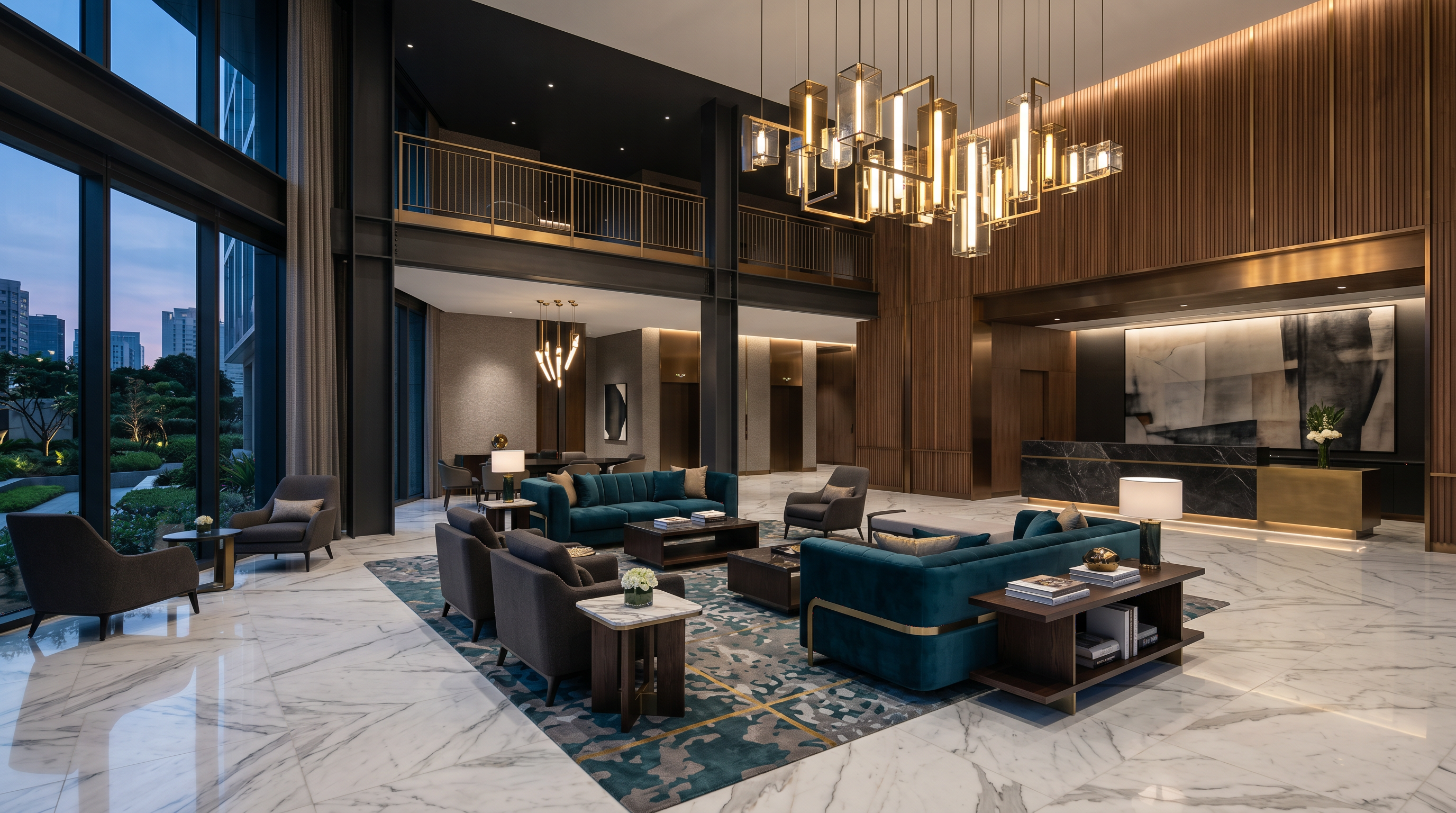 Upscale hotel lobby with premium contract furniture